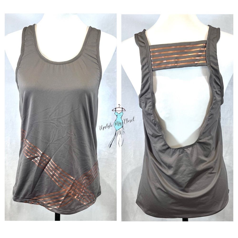 Gray and copper abstract print backless active tank top size small